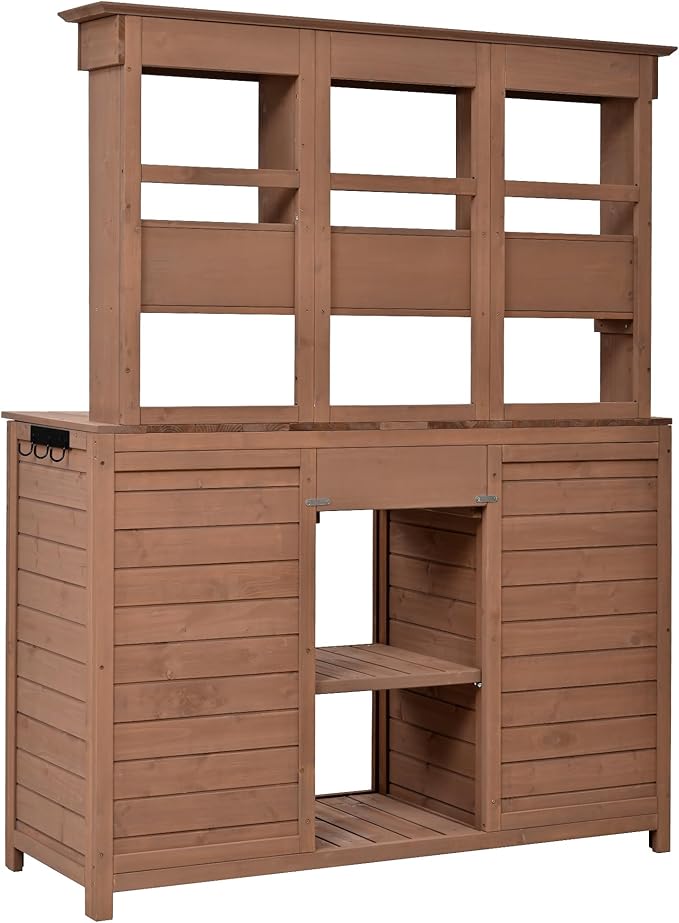RUNNA 65.7'' H Tall Garden Potting Bench Table with Hutch,Patio Storage Workstation with 3 Shelves,6 Drawers,2 Bottom Cabinets&Side Hooks for Mudroom,Doorway (Brown@024, 65.7)