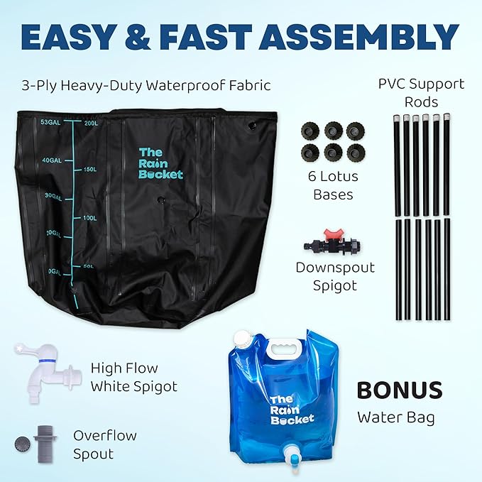 Collapsible Rain Barrel 53-Gallon – Weatherproof Rainwater Collection System for Gutter with Spigots, Mosquito Mesh & PVC Support Rods – Portable Water Storage Tank for Garden & Outdoor Use – Black