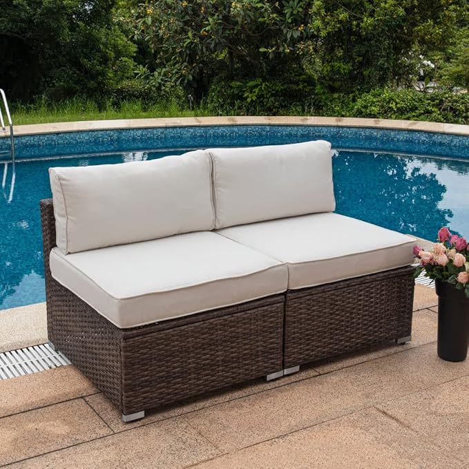 COSIEST 2-Piece Outdoor Furniture Add-on Armless Chairs for Expanding Wicker Sectional Sofa Set w Off White Thick Cushions for Garden, Pool, Backyard