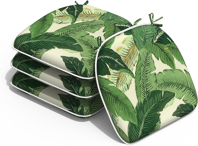 Outdoor Chair Cushions Set of 4, Water Resistant Patio Chair Pads with Ties, Seat Cushions for Home Garden Furniture Decoration, 16"x17", Swaying Palms Green