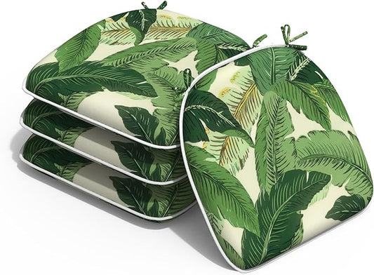 Outdoor Chair Cushions Set of 4, Water Resistant Patio Chair Pads with Ties, Seat Cushions for Home Garden Furniture Decoration, 16"x17", Swaying Palms Green