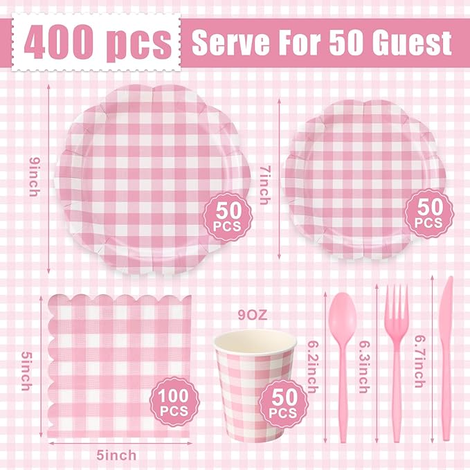 Funnymoom 400 Pcs Gingham Party Supplies for 50 Guests Pink and White Paper Plates and Napkins Knives Spoon Fork Cup Disposable Checkered Dinner Party Set Cutlery for Baby Shower Wedding Favor