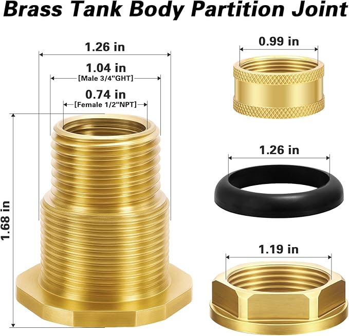 Wantmatch 2 Pack Brass Bulkhead Fitting with Plug Double-Threaded 1/2 NPT to 3/4 GHT Tank Adapter for Water Tanks, Rain Barrels, Garden Hoses Corrosion Resistant, Easy to Install