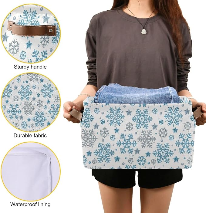 Wamika Winter Snowflake Blue Sliver Storage Basket Fabric Laundry Baskets Christmas Bells Xmas Snowman Boxes Organizer Bag for Baby Cloth Dog Toy Book Cubes Shelf Closet Bins 16×12×8 Inches