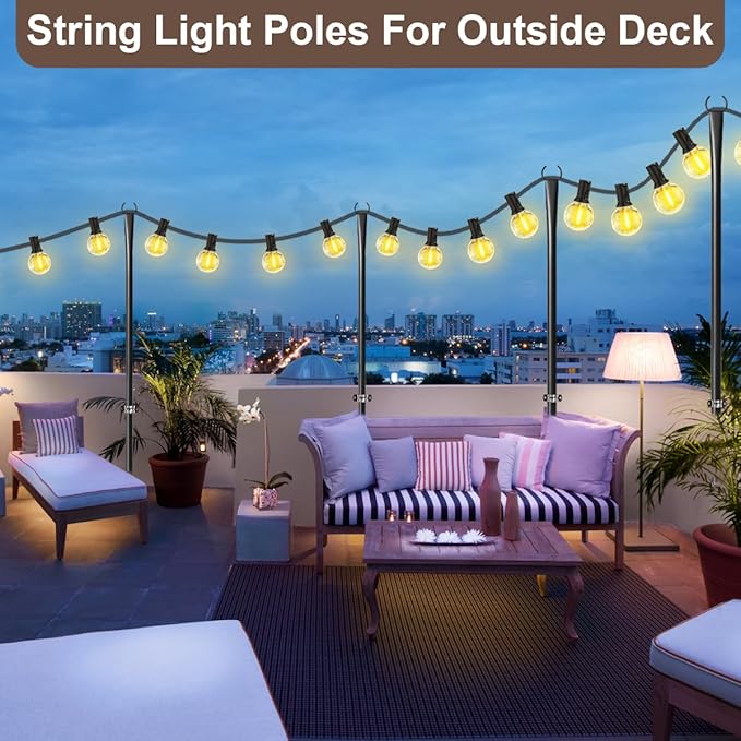 MuliVid 6 Pack 9FT String Light Poles for Outdoor,Metal Lights Hanging Pole Outside with Fork,Light Stand for Patio, Pergola, Garden, Backyard, Yard, Camping Party