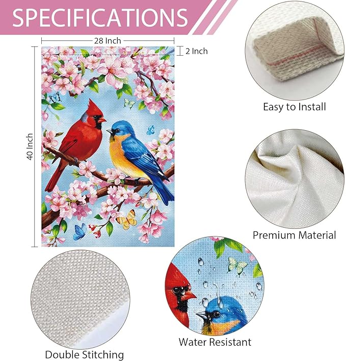 Heyfibro Spring Summer Cardinal Garden Flag 28x40 Double Sided Burlap, Bluebird & Cherry Blossom Flower Yard Banner for Rustic Seasonal Outdoor Decoration (ONLY FLAG)