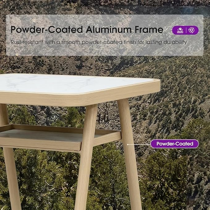 PURPLE LEAF Bar Height Table Coffee Table with Shelve for Balcony Outdoor Garden Kitchen Poolside Natural Wood Grain