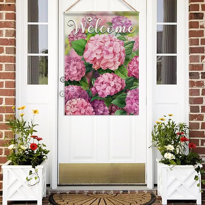 Hzppyz Welcome Spring Summer Hydrangea House Flag Double Sided, Pink Floral Flower Decorative Garden Yard Outdoor Large Decor, Seasonal Burlap Home Outside Decoration 28 x 40