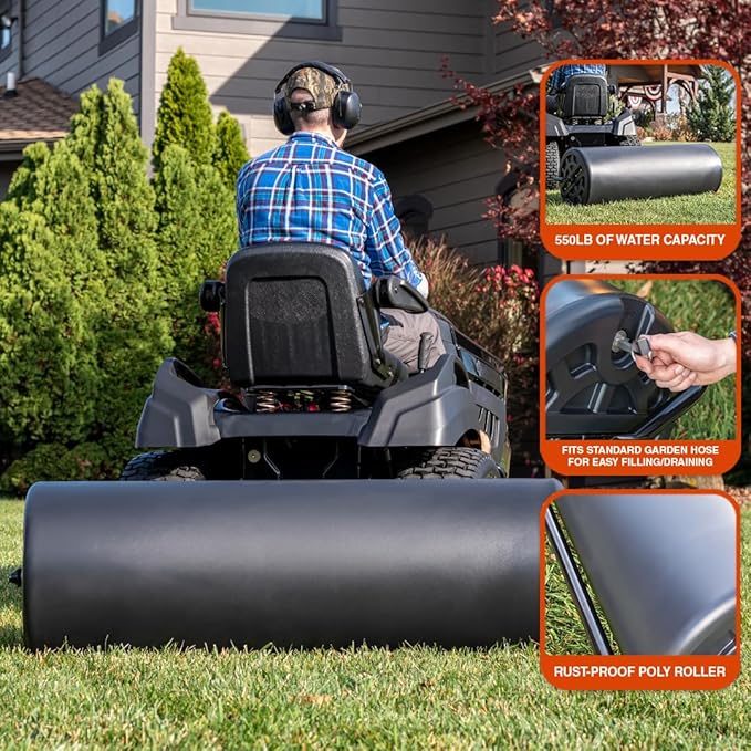 Agri-Fab 45-0604 18" x 48" Tow Behind Poly Lawn Roller 550 lbs Weight with Water, Poly Drum and Steel Frame, with Plug. Designed for Lawn and Garden Tractors