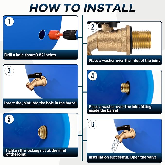Rain Barrel Spigot Kit 3/4" GHT Slid Brass Water Barrel Spigot,Leakproof Garden Hose Connector Bulkhead Fitting with Drain Valve for Buckets and Rain Barrels DIY Kit