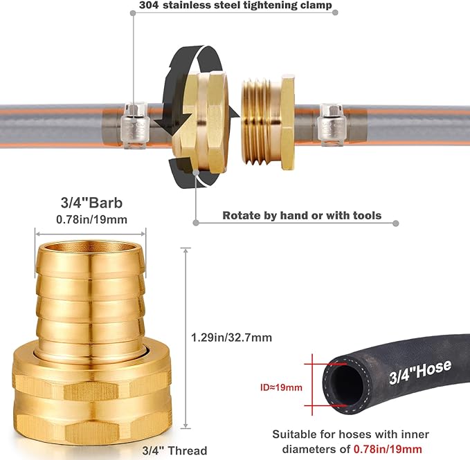 Solid Brass Garden Hose Repair kit Connector with Clamps 3/4" Barb x 3/4" Female,Fit for Garden Hose Fitting,Male and Female Hose Fittings