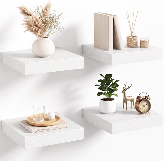 Acovy 8in Square Floating Shelves 4 PCs, Wall Mounted Display Shelf, White | Invisible Brackets, 15lb MDF, 8x8in Square, Easy Install, For Bedroom, Bathroom, Living Room, Kitchen & Office