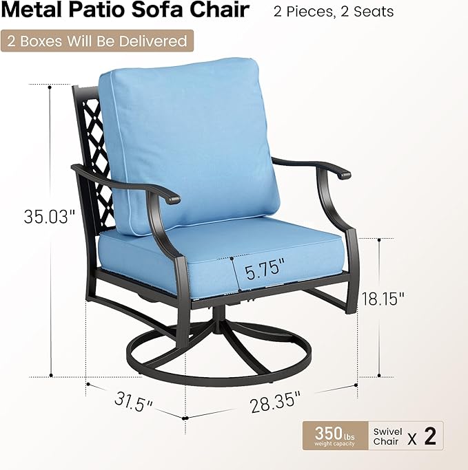 SUNSHINE VALLEY Metal Outdoor Swivel Patio Chairs Set of 2 with 5.75" Extra Thick Cushion, 2 Piece High Back Swivel Rocker Patio Chairs Outdoor Furniture Seating for Deck Balcony Front Porch, Blue