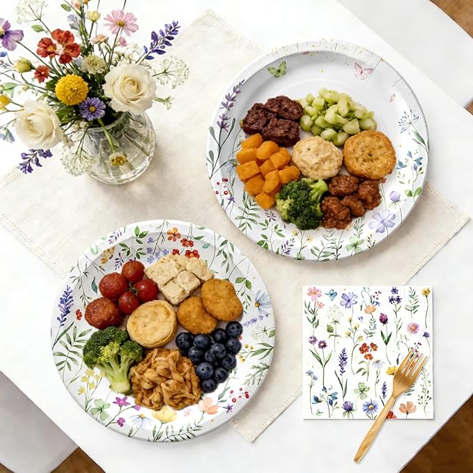 75Pcs Wildflower Plates and Napkins Party Supplies, Floral Paper Plates Wildflower Baby Shower Decorations Flower Party Plates Set for Spring Birthday Bridal Shower Tea Garden Party Decor, Serves 25