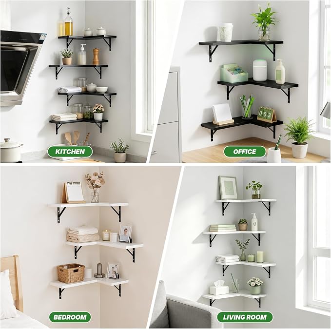NATURE'S SOURCE Corner Floating Shelves Wall Mounted, Black, Set of 4