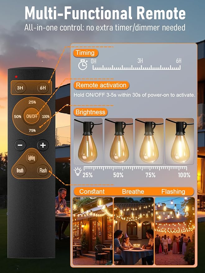 luckystyle 30FT Outdoor String Lights 2200K with Remote Control