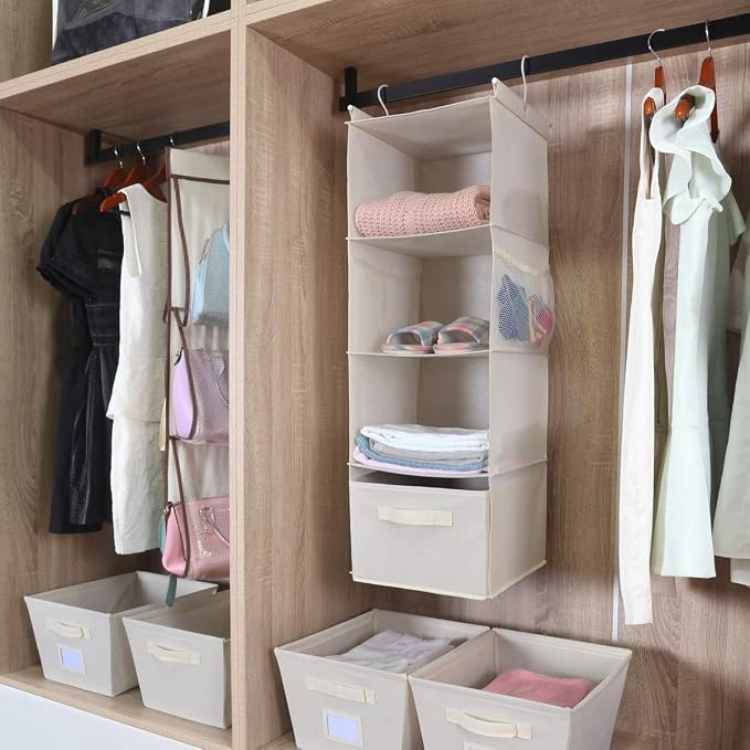 MAX Houser 4-Shelf Hanging Closet Organizer, Space Saver, Cloth Hanging Shelves with 2 Side Pockets, Foldable (Beige) | Foldable Fabric Hanging Shelves for Closet, Cloth Hanging Shelves with 2 sturdy hanging hooks, Small Space Saver