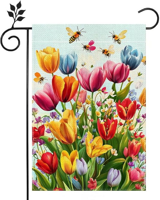 Spring Summer Tulip Garden Flag 12x18 Inch Double Sided, Colorful Welcome Yard Decor, Farmhouse Outdoor Flag for Lawn Patio Porch