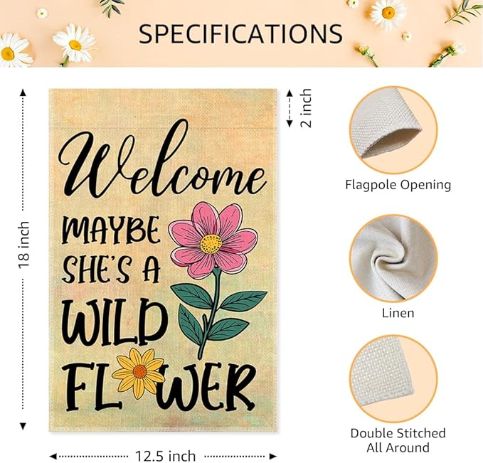 Welcome Maybe She's A Wild Flower Garden Flags for Outside, Boho Floral Welcome Garden Flag for Botanical Lover, Wildflower Yard Flag for Nature Lover, Inspirational Quote Lawn Porch Décor