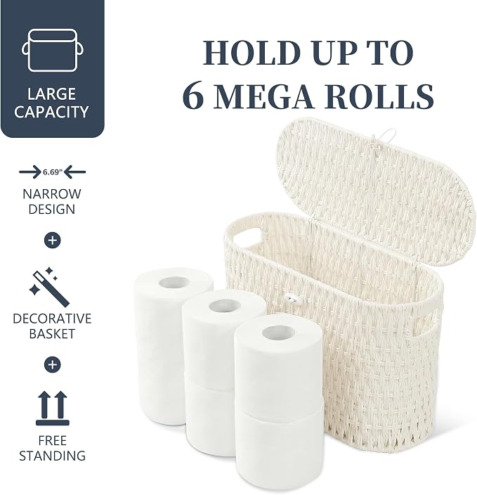 Coeusy Toilet Paper Storage Basket with Lid, Wicker Basket for Bathroom | Hand-Woven Paper Rope, Rattan Toilet Paper Holder, Organizer for 6 Mega Rolls with Handle, Boho Decorative Decor, Cream White