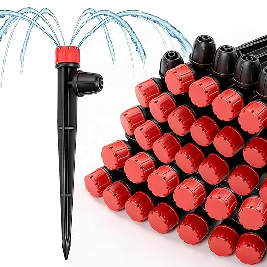 26pcs Drip Emitters for 1/4" Irrigation Tubing, Easy Connect Adjustable 360 Degree Water Flow Irrigation Sprayer On 5" Stake for 4/7mm Tube Locked Irrigation Drippers for Garden Flower Plant