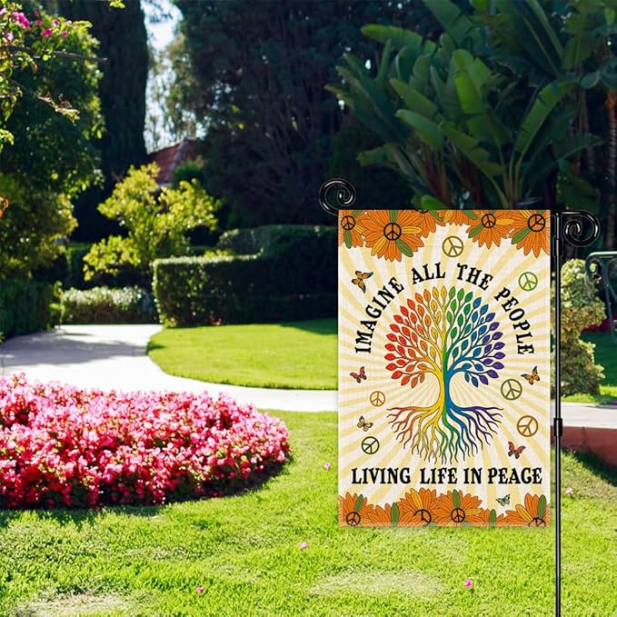 Imagine All The People Living Life In Peace Garden Flag, Funny Tree Of Life Peace Flag for Outside, LGBTQ Equality Social Justice Kindness Diversity Inclusion Banner, Peaceful Lawn Porch Décor