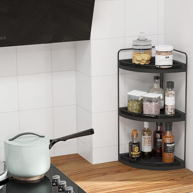 Fixwal 3 Tier Corner Bathroom Countertop Organizer Vanity Wood Shelf Black