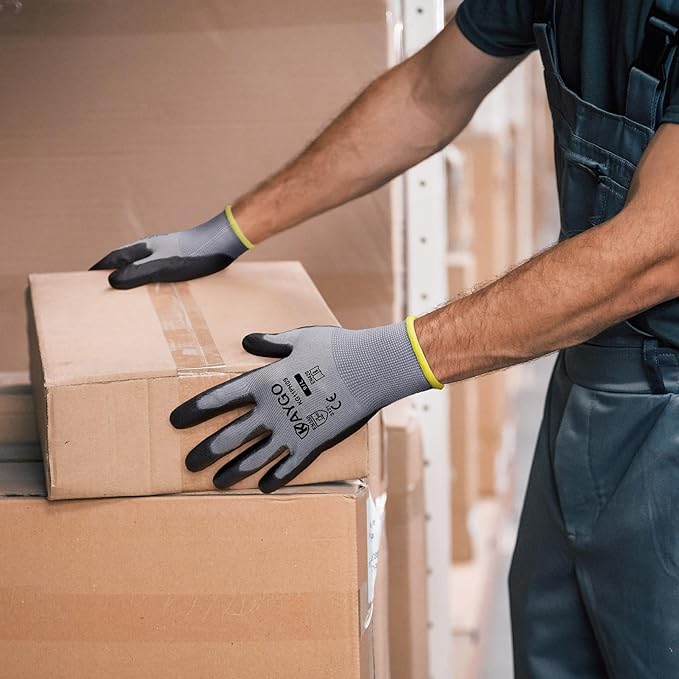 KAYGO Work Gloves for Men and Women, 60 Pairs Seamless Knit PU Coated Safety Gloves, with Smooth Grip on Palm and Fingers, Ideal for Light Warehouse, Manufacturing, Gardening, KG11P (L,Gray)