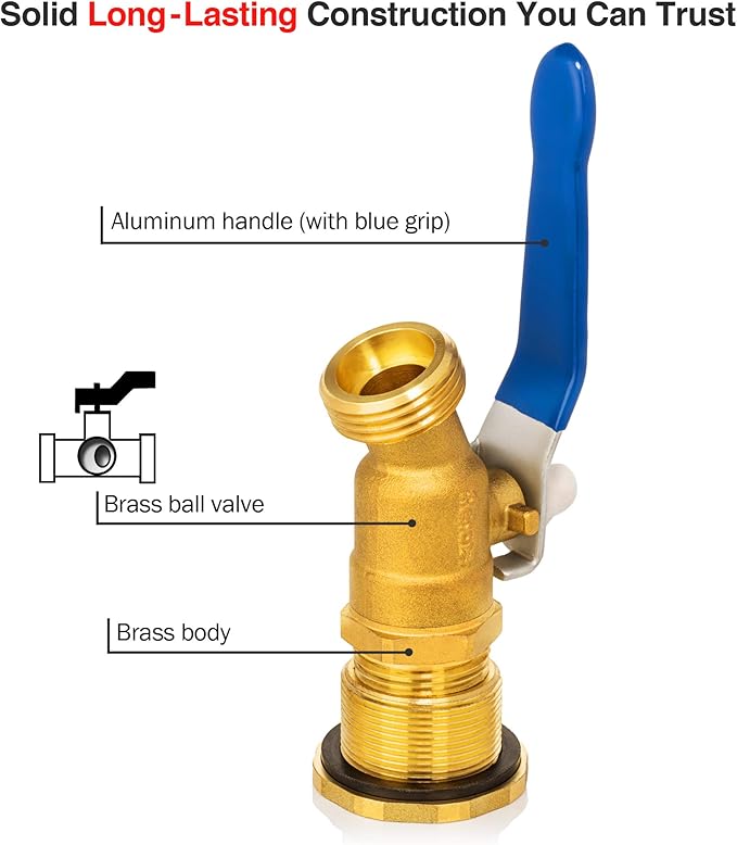 Renator Brass Rain Barrel Spigot Kit. Lead-free Compliant. 3/4 Inch Quarter Turn Ball Valve. Rain Barrel Kit For Any Including 5 55 Gallon Drum Spigot Bucket, with Bulkhead Fitting, Tape