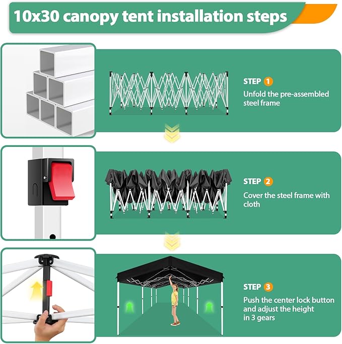 COBIZI Canopy Tent 10x30 Pop up Canopy with 3 Sidewalls Outdoor Party Tent Waterproof 2000mm+&UPF50+,Carpas para Fiestas 10x30 Pop up Gazebo Wedding Canopy with 4 Ropes&4 Sandbags,White