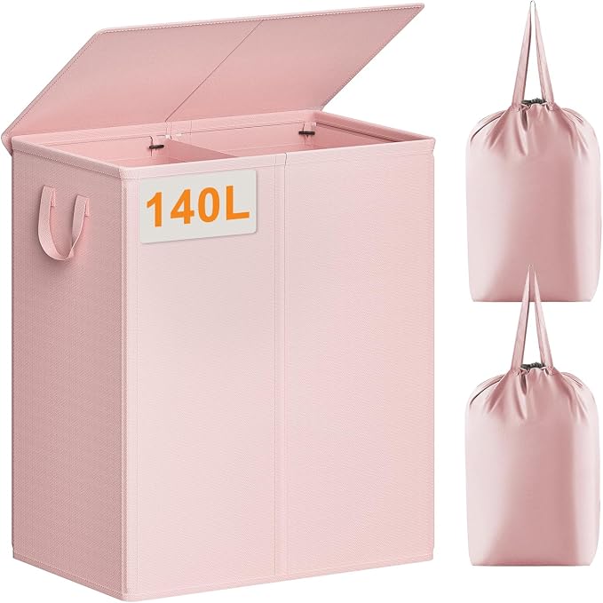 Chrislley Double Laundry Hamper with Lid, 140L Laundry Basket 2 Section | Large Dirty Clothes Hamper 2 Compartments with Removable Liner Bags & Handles, Collapsible Storage for Bedroom, Doom, Pink