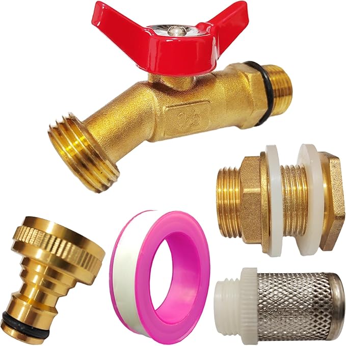 Hymnorq Rain Barrel Spigot Kit, Brass Outdoor Faucet Water Spigot for Water Barrel Bucket, Quarter Turn Ball Valve, with Bulkhead Fitting, Hose Connector Adaptor, Filter, Seal Tape