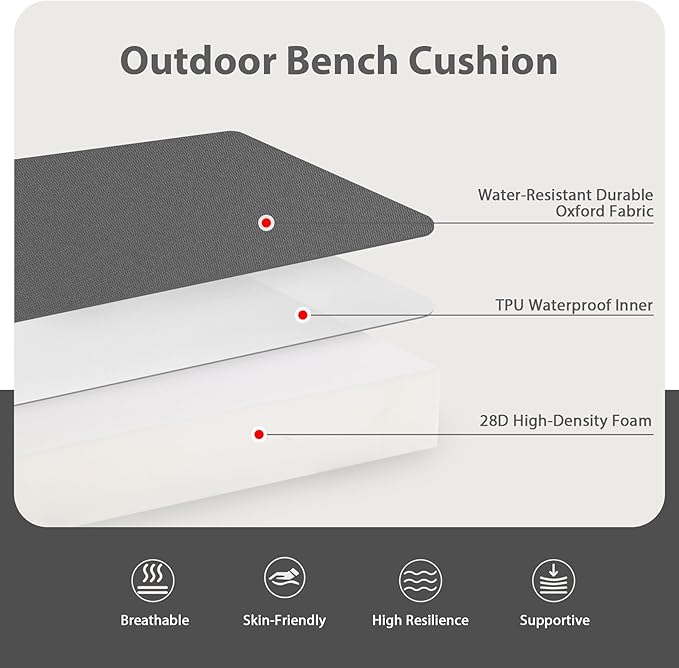 Favoyard Outdoor Bench Cushion 48 x 18 Inch Waterproof Patio Furniture Cushions 3-Year Color Fastness Garden Sofa Settee Couch Swing Pads with Handle and Attach Ties, Dark Gray