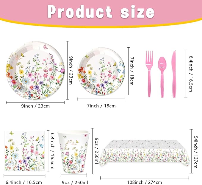 141Pcs Wildflower Party Decorations Garden Floral Themed Birthday Party Supplies with Plates Napkins Cups Knives Forks Straw Tablecloth Set for 20 Guests