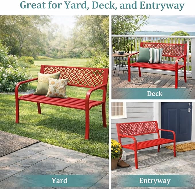 Garvee Outdoor Metal Garden Bench for 2 Person, Heavy Duty Steel Patio Bench 790 Lbs Capacity, Weather Resistant Black Porch Seating with Geometric Backrest, Outdoor Furniture for Yard, Deck, Entryway