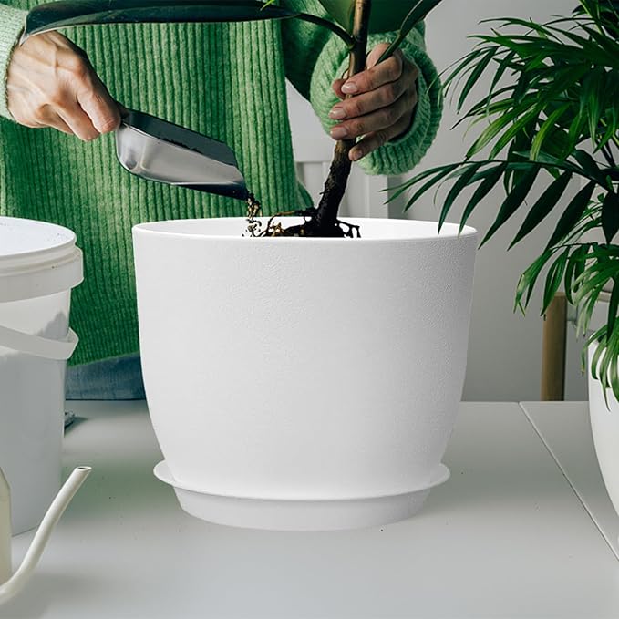 Plant Pots 12 Inch Set of 2, Outdoor Indoor Flower Pots Plastic Planters with Holes and Saucers, Modern House Office Garden Decorative,Simplicity White Color