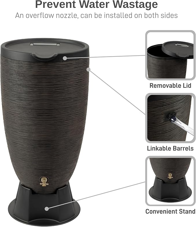 RTS Home Accents 50-Gallon Newport Rain Barrel with Stand and Removable Lid, Bronze Color