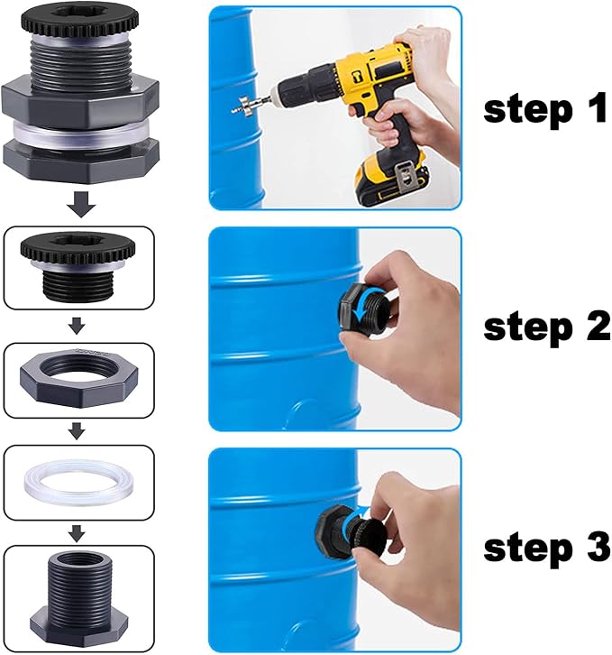 2 PCS Rain Barrel Bulkhead Fitting kit with Plugs and Hole Saw Tool, 3/4 Inch PVC Spigot Connector Kit for Rain Barrels Water Tanks Pools Aquariums Tubs (Bulkhead 3/4 Inch)