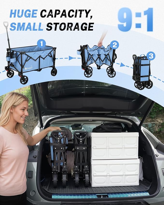 Gonex 38''L Collapsible Foldable Wagon Cart with 360lbs Weight Capacity,220L Folding Utility Garden Cart with Detachable Wheels for Grocery Sports Shopping Camping - Blue