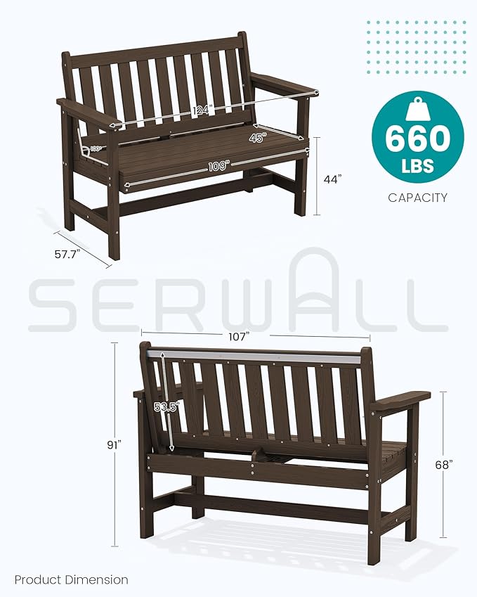 SERWALL Outdoor Bench, HDPE Outdoor Benches Weatherproof, 2-Person Garden Bench with 660 lbs Weight Capacity, Patio Benches for Outdoors, Garden, Porch, Backyard and Park, Coffee, 4 Pack