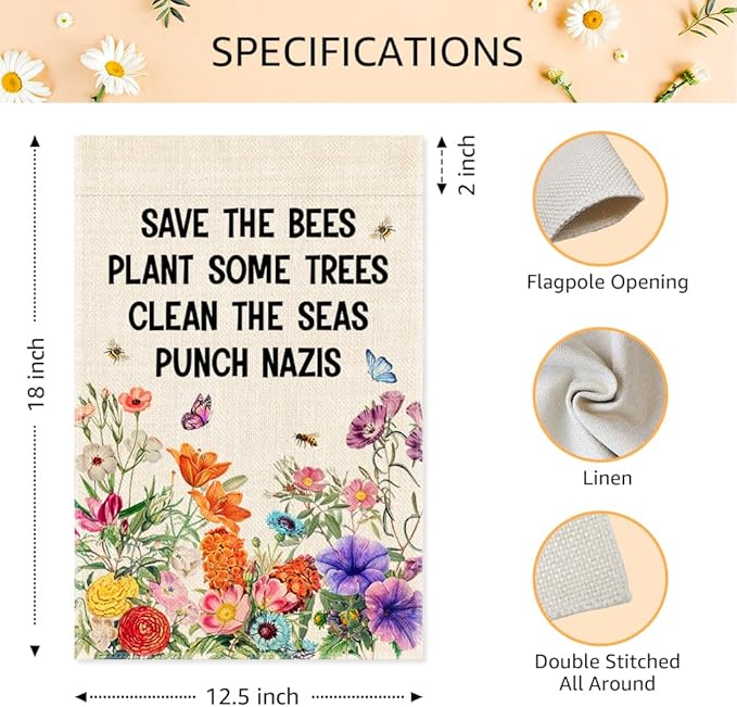 Save The Bees Plant Some Trees Garden Flag, Double Sided Home Farmhouse Yard Outdoor Lawn Decor Banner, Native Plants Yard Flag, Funny Housewarming Gifts for Nature lovers Insect Enthusiasts