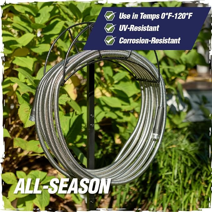 RUGGED RHINO Metal Garden Hose with Spray Nozzle, 304 Stainless Steel, 750 PSI Burst Strength, Heavy Duty Flexible Water Hose, Kink Resistant, Leakproof for Yard, Lawn and Outdoor Use, Black 25FT