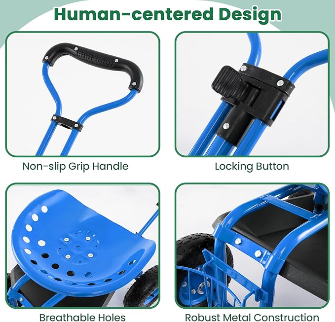 Giantex Rolling Garden Workseat with Wheels, 360 Degree Swivel Gardening Stool Cart with Storage Basket, Adjustable Height, Steering Handle, Steel Frame, Outdoor Work Seat for Planting Triming (Blue)