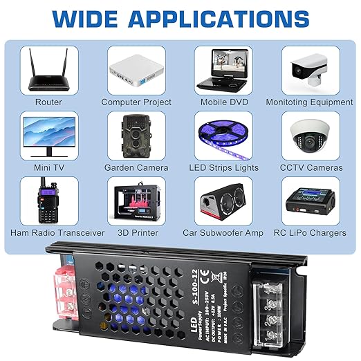 12V Power Supply 100W 8.3A Slim LED Driver, AC 100-250V to DC 12V Switching Power Supply, Constant Voltage Transformer for LED Strip Lights, Cabinet Lighting, CCTV Camera