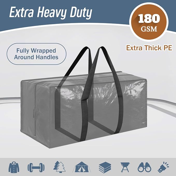 6 Pack Extra Heavy Duty Large Moving Bags with Strong Zipper, Black | Comfortable Handles, Sturdy & Durable Clothes Storage Bags Totes Bins, Blue Packing Moving Boxes for College Supplies