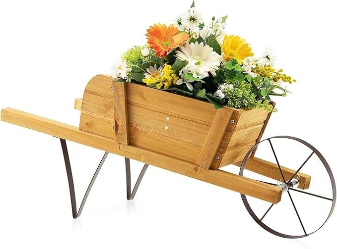 HAPPYGRILL Wooden Wagon Planter, Small Flower Plant Pot w/Triangular Metal Support, 2 Energy-Saving Handles, Movable Wheel, Wood Wheelbarrow Cart Planter for Garden Backyard Holiday (Walnut)