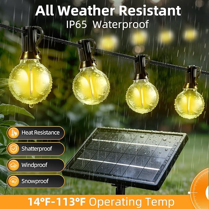 50FT Solar Lights Outdoor Waterproof: G40 15M Shatterproof Bulbs Patio Lights - Solar Powered Remote Control 3 Light Modes Dimmable Solar Light - Camping Backyard Garden Deck Outside Yard