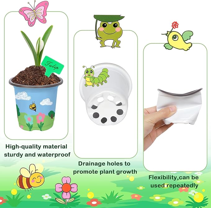 Garden Plastic Pot Craft Kit 50 Nursery Pots with 32 Stickers 50 Plant Labels 4 Painting Tools and 1 Ribbon for Mother's Day Flower Plant Spring Graduation DIY Crafts Painting Gardening Growing Tools