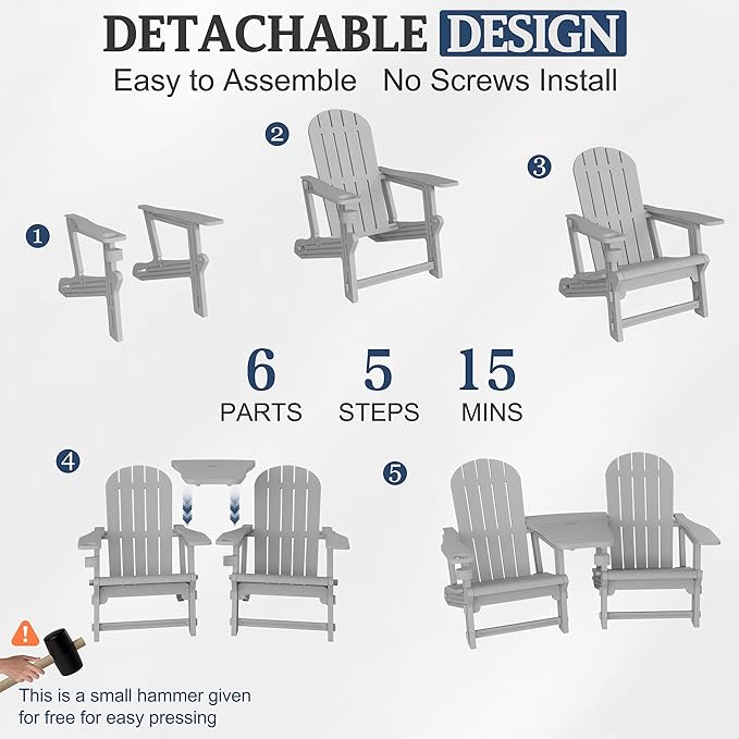 Vongrasig Adirondack Chairs Set of 2 with Removable Tabletop, Outdoor HDPE Plastic Fire Pit Chair Set with Wooden Textured, Cup Holder for Patio, Poolside, Deck, Garden, Light Grey, 3 Pieces