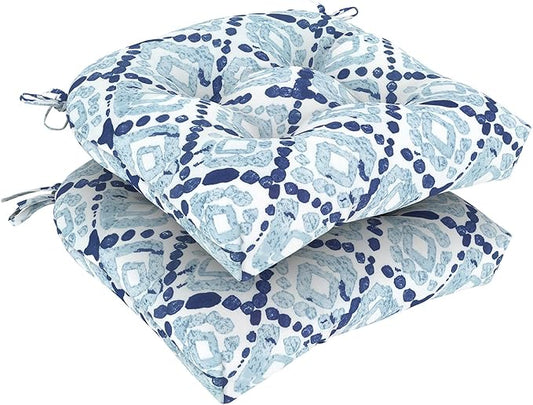 DYTXIII Set of 2 Outdoor Chair Cushions 19"x19"x4", Water Repellent Tufted Patio Seat Cushions with Ties, Thick Replacement Pads for Wicker Dining Chairs, Patio Furniture, Boho Geometry Blue